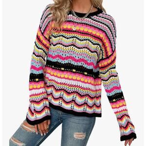 No Brand Handmade Women's Size Medium Acrylic Multicolor Crewneck Sweater